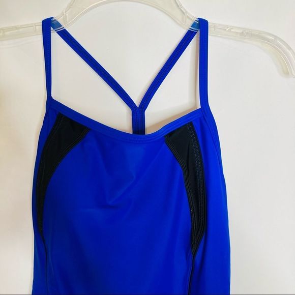 Speedo Blue Racerback Athletic Training One Piece Swimsuit Black Stripe - Picture 3 of 8